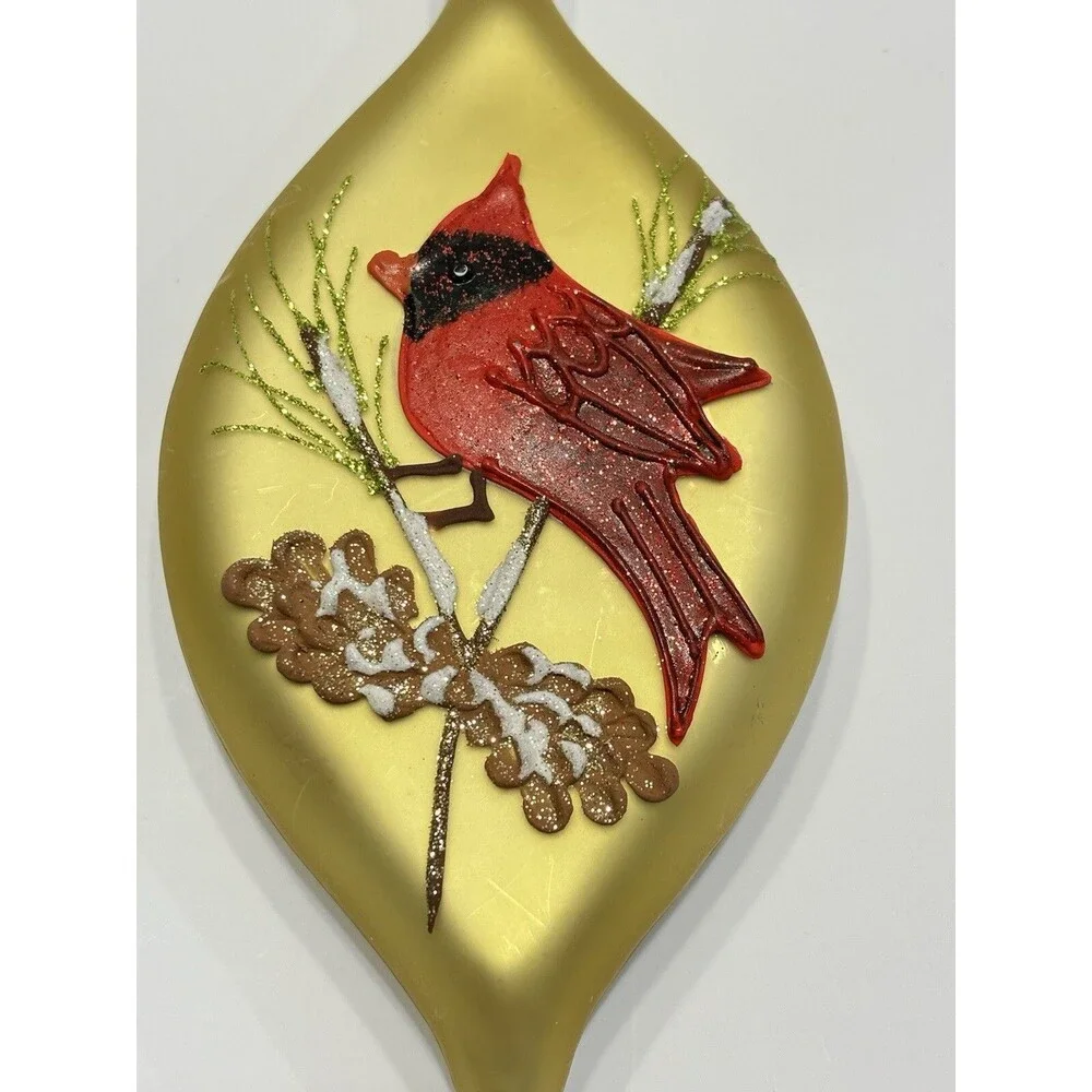 Vtg Christmas Ornaments Glass Red CARDINAL Bird Gold Handpainted Set Christmas